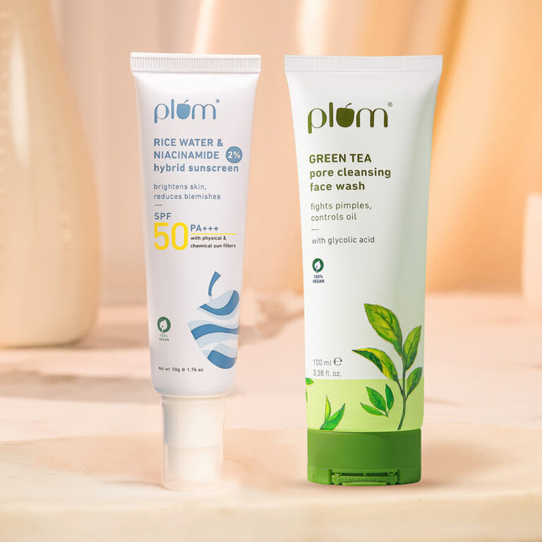 Plum Cleanse & Protect Duo For Oily Skin | Green Tea Pore Cleansing Face Wash 100ml | Rice Water & Niacinamide Sunscreen 50g