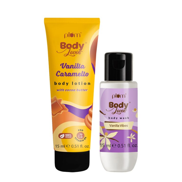 Plum Vanilla vibes travel size body wash and caramello body lotion duo